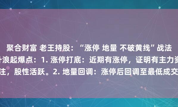 聚合财富 老王持股：“涨停 地量 不破黄线”战法，通过三个条件筛选主升浪起爆点：1. 涨停打底：近期有涨停，证明有主力资金关注，股性活跃。2. 地量回调：涨停后回调至最低成交量，抛压耗尽，洗盘结束。3. ...